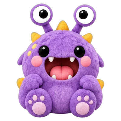 Mo, een paars pluchen monstertje met de mond open